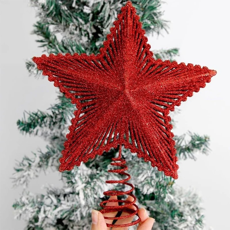 Star Tree Topper - 25 cm Kırmızı Glitter Noel Ağacı