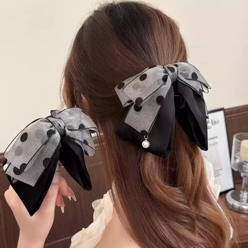 Ribbon Bow Gift - Zarif Gri Puantiyeli Yay Saç Tokası