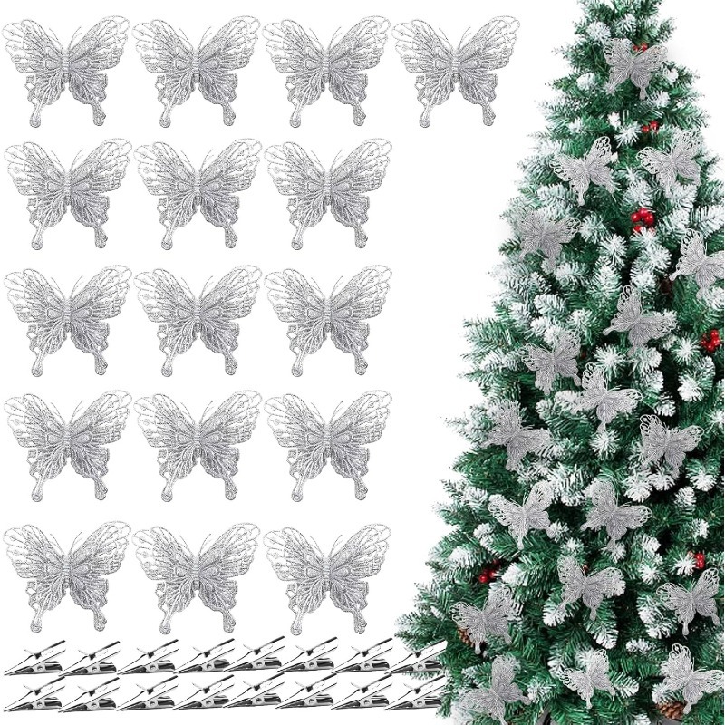 Christmas Wreath Fake - Gümüş Simli Oyuk Kelebek Klipsleri Süsleri