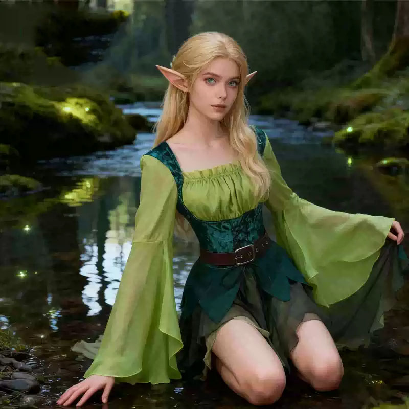 Elf Costume Christmas - Kadın Elf Ortaçağ Yeşil Peri Elbisesi